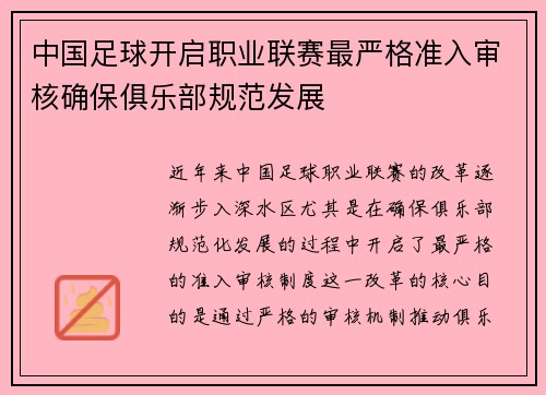 中国足球开启职业联赛最严格准入审核确保俱乐部规范发展