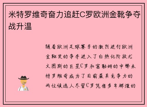米特罗维奇奋力追赶C罗欧洲金靴争夺战升温